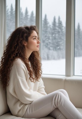 A woman sits by the window watching the snow fall