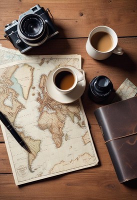 Map, camera, coffee, and journal await adventure