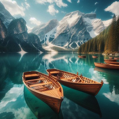 Boats on a serene lake, framed by snowy peaks