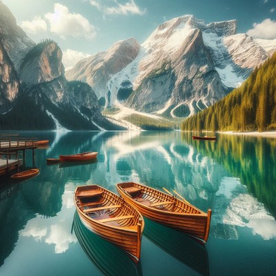 Two wooden boats sit on a calm lake in the italian alps