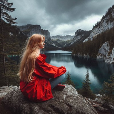 A woman sits on a rock overlooking a mountain lake