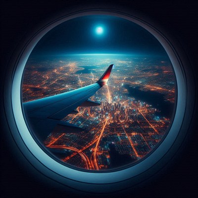 City lights blaze at night from an airplane window
