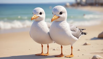 Two seagulls stand on the beach