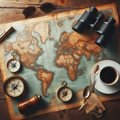 A world map, compasses, and binoculars on a wooden table