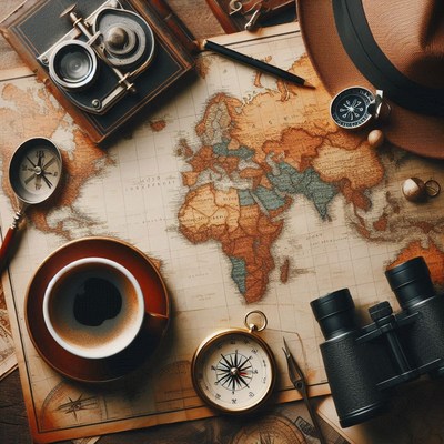 A vintage map with travel essentials, ready for adventure