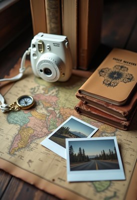 A vintage camera, compass, and photos lay on a world map