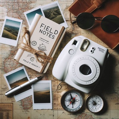 A white instant camera rests on an unfolded world map