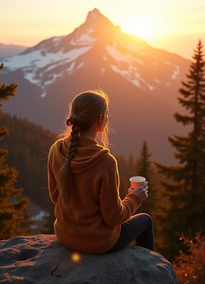 Woman savors a drink watching a snowy sunset