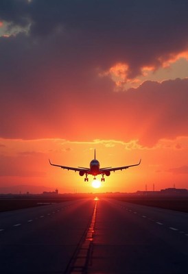 An airplane lands on a runway at sunset