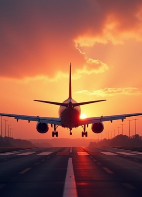 A plane lands on a runway during sunset