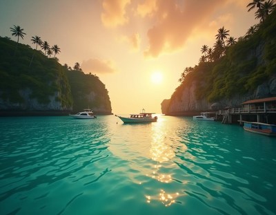 Boats sail through a calm bay at sunset