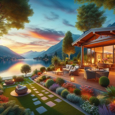 A modern home with a beautiful view of a lake at sunset