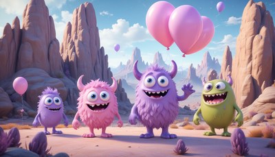 Happy monsters celebrate in a desert landscape