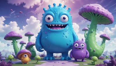 Friendly monsters stand in a field of giant mushrooms