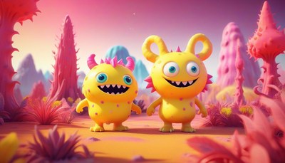 Two yellow monsters stand in a pink landscape