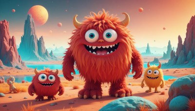 Three furry monsters stand on a colorful planet