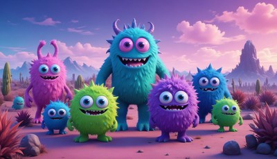 Friendly monsters stand in a desert landscape