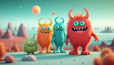 Four colorful monsters stand together on a planet