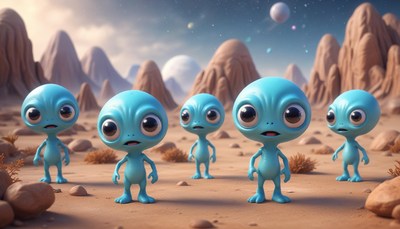 Five blue aliens stand in a desert landscape