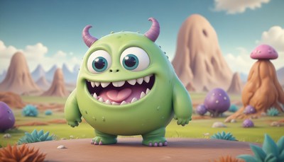 A green monster smiles in a whimsical landscape
