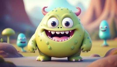 A green monster smiles cheerfully in a cartoon landscape