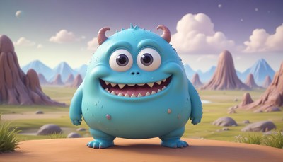 A blue monster smiles in a field of green grass