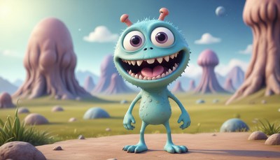 A blue monster smiles in an alien landscape