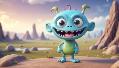 A blue monster smiles in a grassy landscape