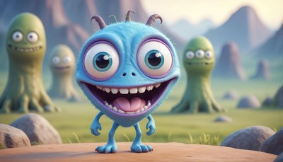 A blue monster smiles brightly in a grassy field
