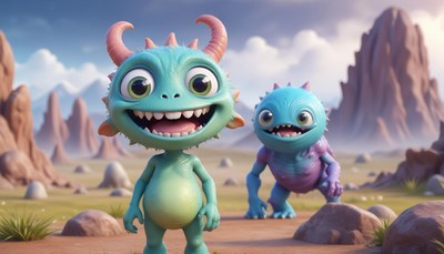 Two friendly monsters smile in a rocky landscape