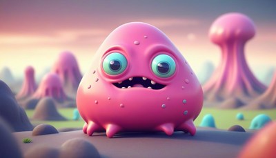 A pink monster smiles in a strange, colorful landscape