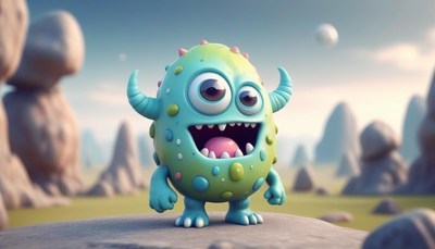 A friendly monster smiles on a rocky planet