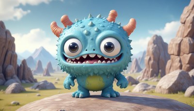 A blue monster smiles on a rock in a rocky landscape