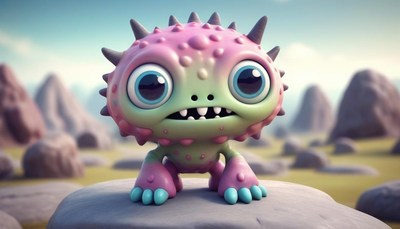 A pink and green monster on a rock in fantasy land