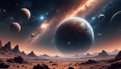 A red, rocky planet with a large moon and stars in the sky