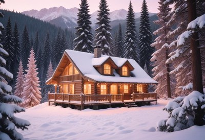 A cozy cabin sits nestled in a snowy forest