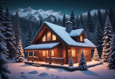 A cozy cabin nestled in a snowy forest under the stars