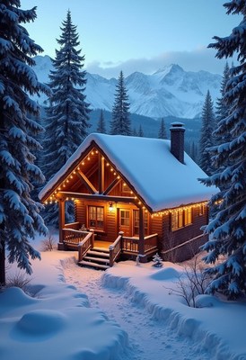A cozy cabin sits in the snow-covered mountains at dusk