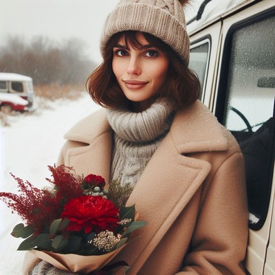 A woman in a tan coat holds a bouquet of flowers in the snow