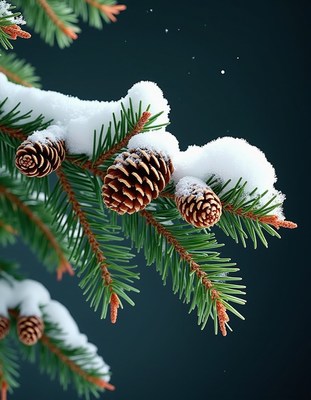 A snowy pine branch with pine cones