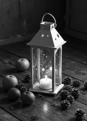 A lantern with a lit candle sits on a wooden table