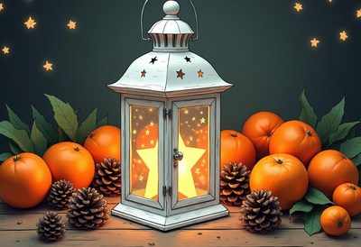 A white lantern with a star sits by oranges and pine cones