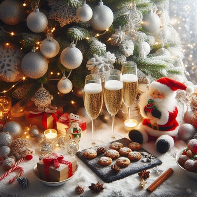 Festive christmas decor with champagne and cookies