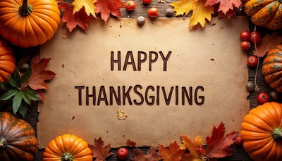 Happy thanksgiving with pumpkins and fall leaves
