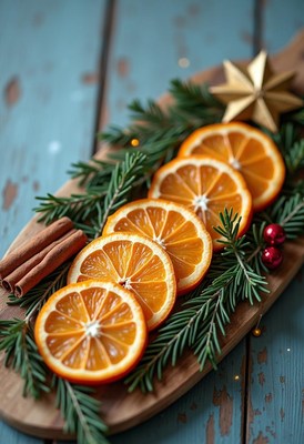 Dried orange slices and cinnamon sticks on a wooden board