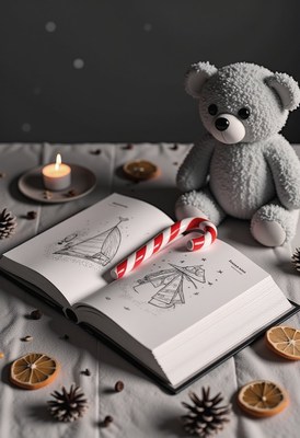 A candy cane lies on an open book by a teddy bear