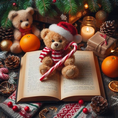 Teddy bear in santa hat on an open book with candy cane