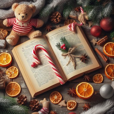 Candy cane on an open book with christmas décor