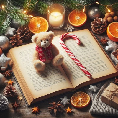 A teddy bear sits on a book with a candy cane beside it