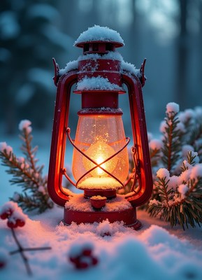 A red lantern sits in the snow, lit up in the winter forest